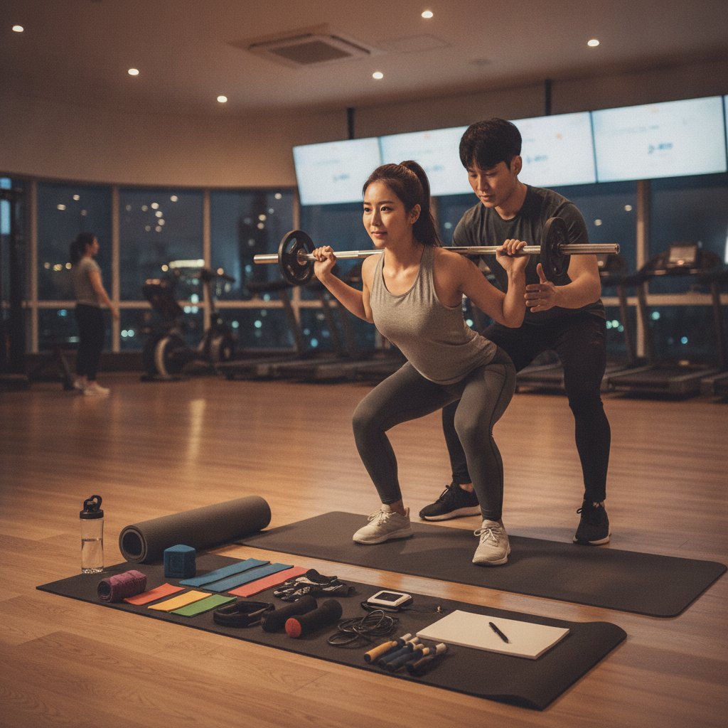 헬스장 필수 준비물인 운동화와 개인 텀블러