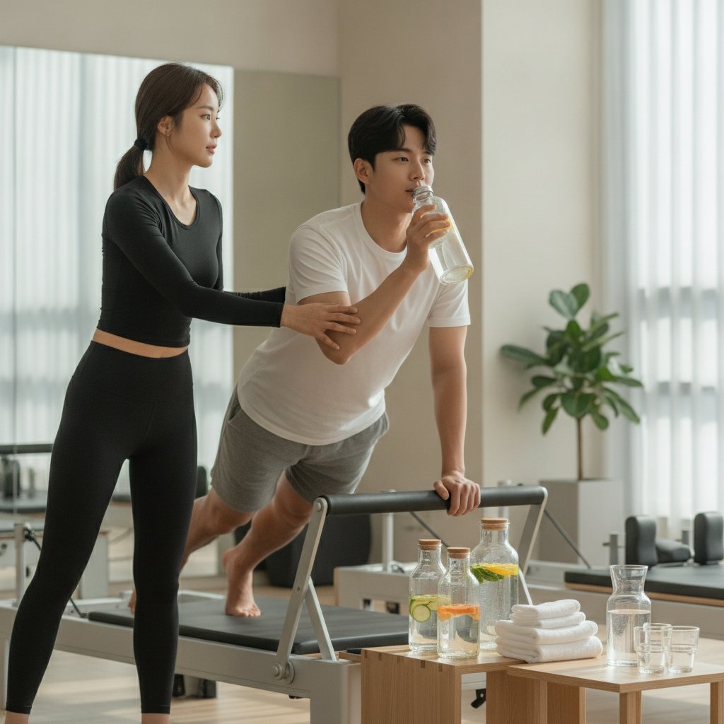 투명한 유리컵에 담긴 미지근한 물과 수분 공급을 나타내는 이미지
